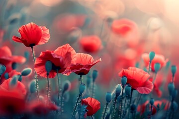 Obraz premium Beautiful red poppies blooming in the field at sunset