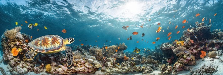 Sea Life: Hawksbill Sea Turtle Swimming in Indian Ocean Reef Environment
