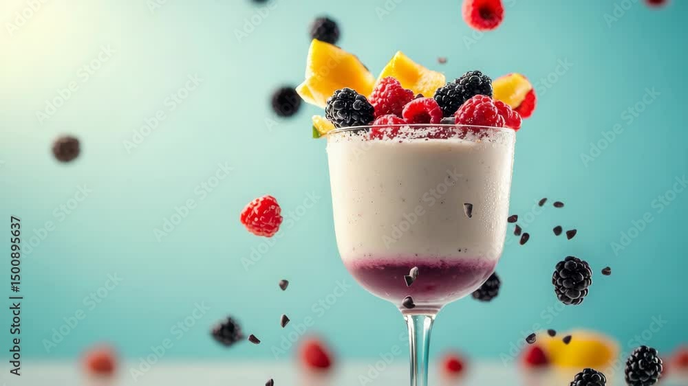 Poster glass of fruit smoothie with berries and a splash of chocolate. the image has a light and playful mo