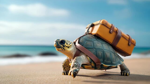 Turtle is carrying a suitcase on its back. The turtle is on a beach, and the suitcase is yellow. The image has a playful and lighthearted mood, as it is not a realistic scene
