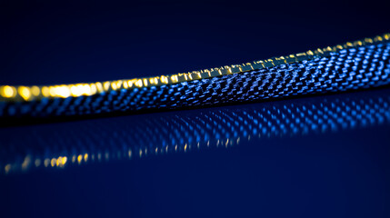Close-up shot of a metallic blue rope with reflections, highlighting texture and intricate details against a dark background.