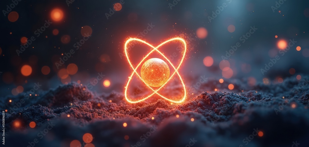 Poster Digital illustration of an atom with glowing particles orbits on dark background. Concept of science energy technology physics quantum world. Ideal background for tech designs.