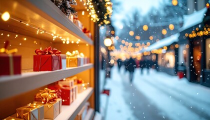 Winter market scene gifts on shelves, snow-covered street, lights, blurred people, festive atmosphere