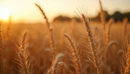 Fototapeta premium Wheat field at sunset. Close-up golden wheat ears against blurred background. Agriculture, harvest, farming concepts. Food supply, bakery ingredients, eco farming, organic products.