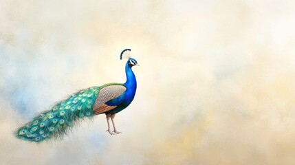 Fototapeta premium Vibrant Peacock Displaying Feathers Against Soft Background