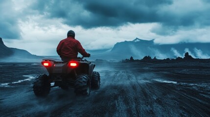 ATV drifting across volcanic black sand landscape, moody clouds and distant lava rock formations, raw nature and power