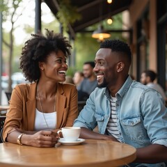 Happy black couple enjoy date cafe, cafe shop. Woman and man smiling, laughing. They drink coffee. People sit at table, talking, enjoying sunny day. Relationship, friendship. Lifestyle.