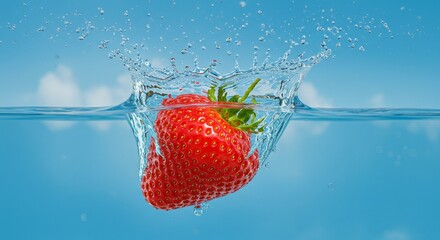 Photo of Red Strawberry Falling Into Water Splash Against Blue Background