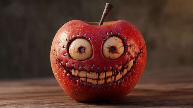Creepy Halloween Red Apple with Stitched Face Scary Digital Art Illustration Spooky Festive Autumn Design 3D Render dark evil food