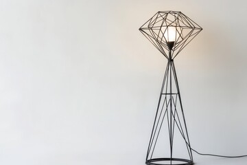modern geometric floor lamp with wire frame base isolated on white background