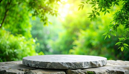 Stone podium on rock platform, grey rock pedestal for a product display stand, green forest and blurred on the background.