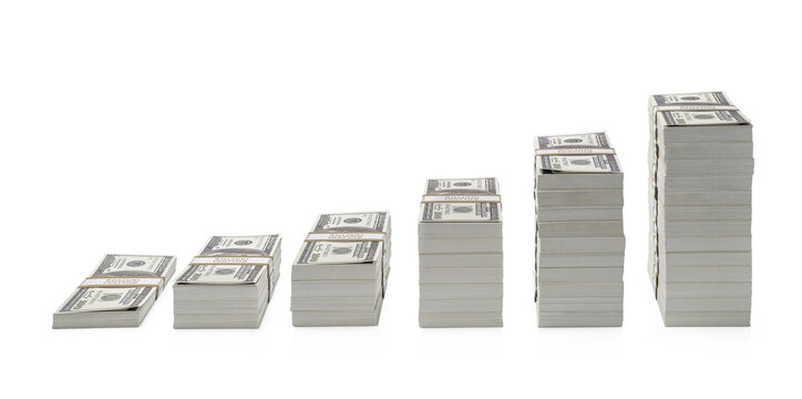 Increasing piles of dollar bills isolated on transparent background