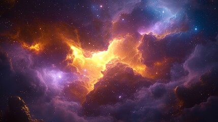 Fototapeta premium Fiery Nebula in Deep Space Vibrant Cosmic Clouds, Sparkling Stars, and Rich Colors of Blue and Gold