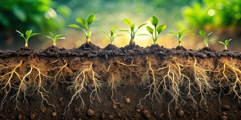 Fototapeta premium A cross-section revealing the intricate root systems of several young plants emerging from rich soil, bathed in sunlight.