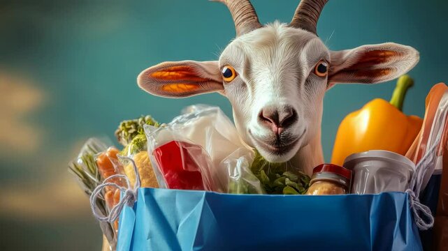 Goat is in a blue shopping bag filled with vegetables. The goat is smiling and he is happy