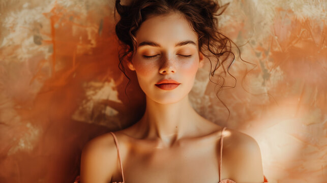 Close-up portrait of a calm woman in soft lighting with peach-orange artistic background