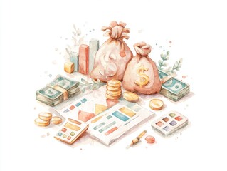 Creative Illustration of Money, Savings and Investments in Watercolor