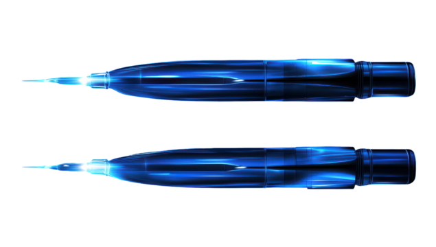 Two glowing blue projectiles on black background