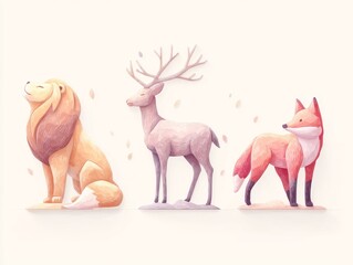 Colorful Animal Illustrations of Lion, Deer, and Fox for Decor