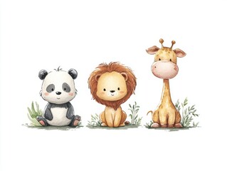 Cute Cartoon Animals Featuring Panda, Lion, and Giraffe Characters