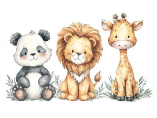 Cute watercolor animals including panda, lion, and giraffe design