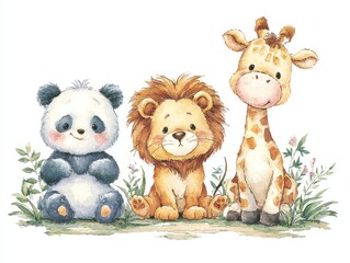 Adorable Cartoon Animals Including Panda Lion and Giraffe