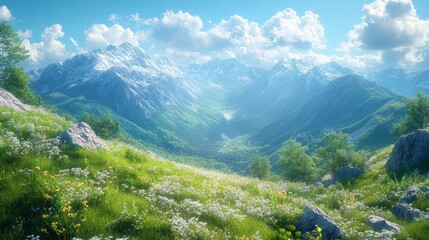 Serene Mountain Landscape with Lush Green Valley and Blue Sky