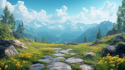 Serene Mountain Landscape with Flowers and Clear Blue Sky