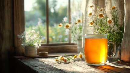Refreshing Beer in Glass by Rustic Window with Floral View