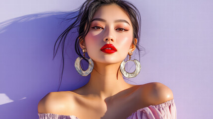 Captivating portrait showcases a radiant Asian woman exuding beauty. Bold red lipstick and statement earrings enhance her features.