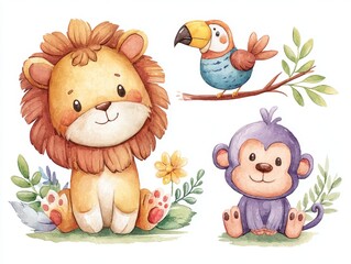 Cute Cartoon Animals with Lion, Monkey, and Parrot in Watercolor Style