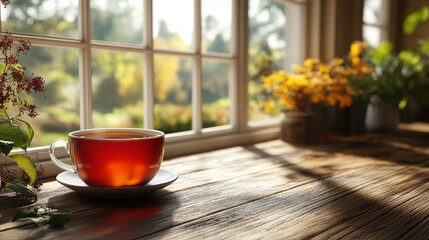Warm Cup of Tea by the Window with Nature View in Soft Light