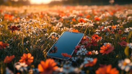 Smartphone on Colorful Wildflower Field during Sunset Glow