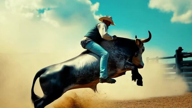 Rodeo bull. Traditional extreme sport of North America. A cowboy tries to stay on the back of a bull. Mexico, USA