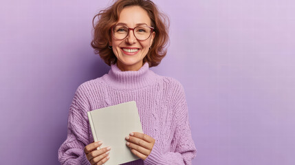 A smiling woman, radiating intelligence and warmth, holds a book while looking straight into the camera, conveying approachability.