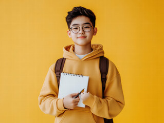 A youthful, cheerful student in a cozy hoodie stands with a notebook, embodying the spirit of education and aspiration.