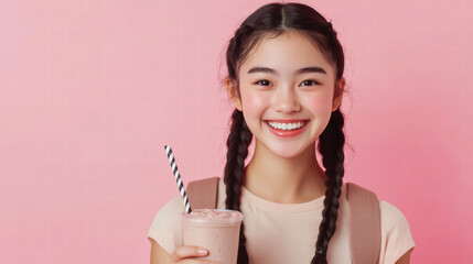 Sweet Treat Smile: A young female, beaming with a radiant smile, clutches a refreshing beverage, her face alight with the joy of indulgence and youthful vibrancy. 