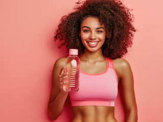 Hydration & Radiance: A vivacious person with an afro hairstyle, exuding health, joy and hydration, smiles, presenting a bottle of refreshing water against a pink backdrop.