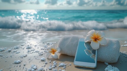 Peaceful Beach Scene with Smartphone and Tropical Flowers on Sand
