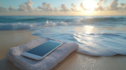 Smartphone on Towel by Ocean Waves at Sunrise on Sandy Beach