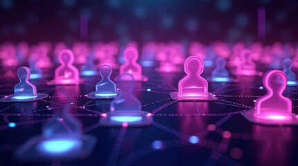 Colorful 3D avatars connected by glowing lines to represent digital social media interaction in a virtual environment. Generative AI