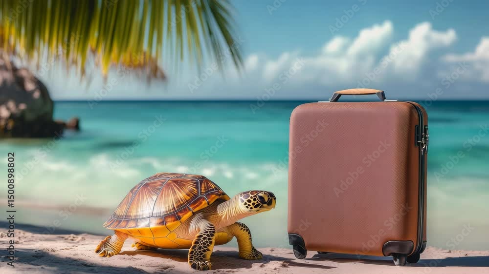 Poster turtle is standing next to a suitcase on a beach. the scene is peaceful and relaxing, with the turtl