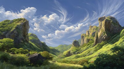 Obraz premium A lush mountainous landscape with rolling valleys and dramatic clouds