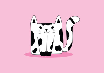 Cute black and white doodle cat sitting on a pink background.
