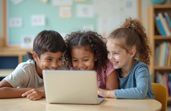 Happy diverse elementary students study together using laptop. Multicultural kids classmates learning online in classroom. Children junior class, happy faces, smiling, education concept.
