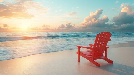 Tranquil Beach Scene with Red Lounge Chair at Sunset Horizon