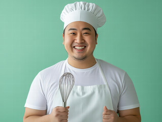 Culinary Artisan: A beaming baker, clad in a traditional chef's attire, proudly displays a whisk against a pastel green backdrop, radiating warmth and culinary expertise.
