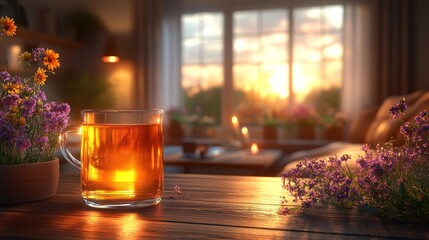 Cozy Evening Scene with Tea, Flowers, and Warm Sunset Light