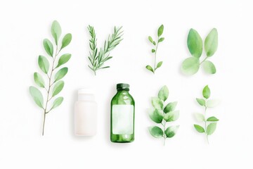 Herbal Illustration with Green Leaves and Organic Products on White