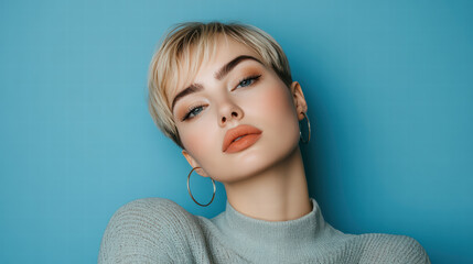 Girl with a Bob Cut: A mesmerizing close-up portrait of a young woman with a chic bob cut, gazing with confidence against a teal-toned backdrop.